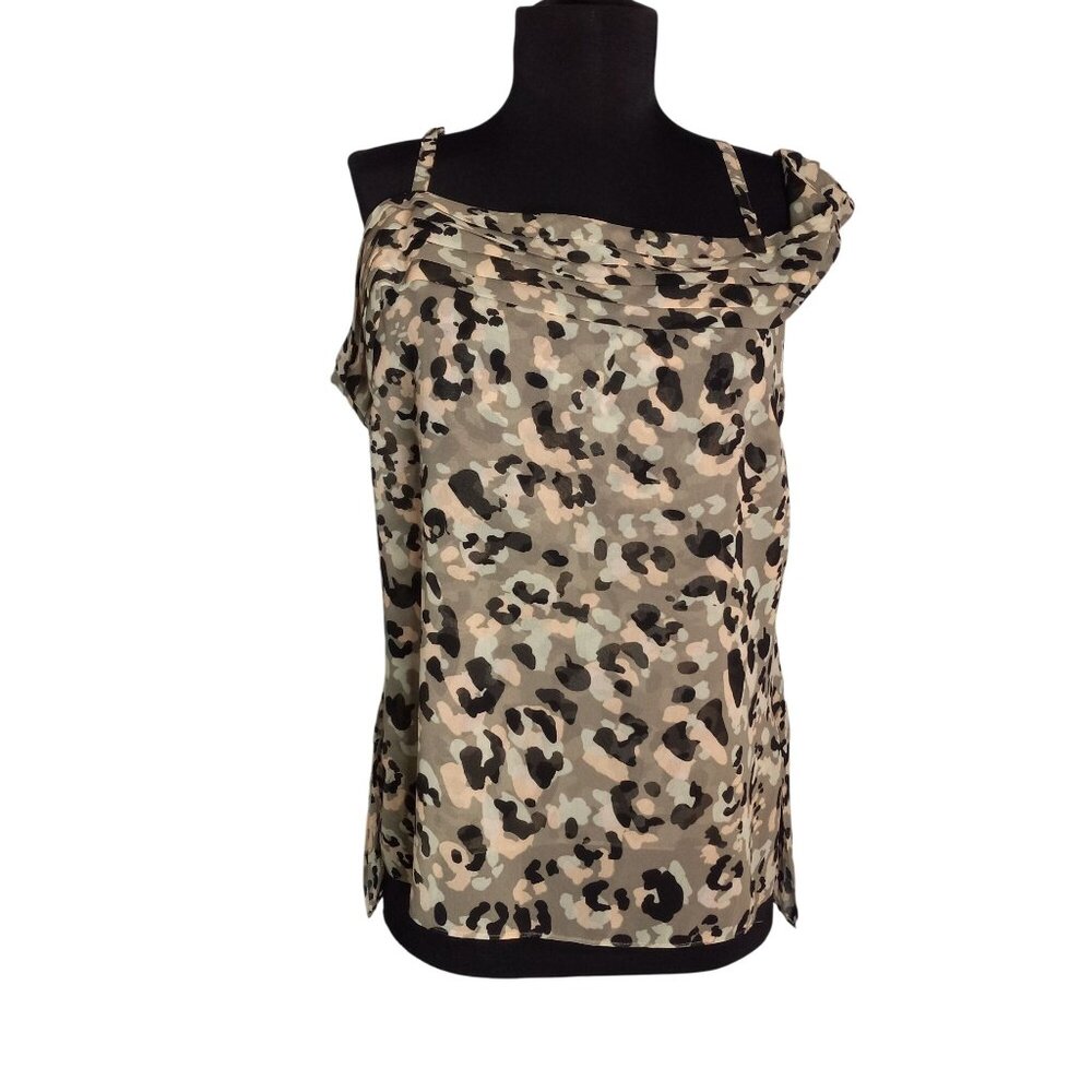 Cabi Size S Tank Top Camouflage Print Tiered Cold Shoulder Pleated Sheer 5360